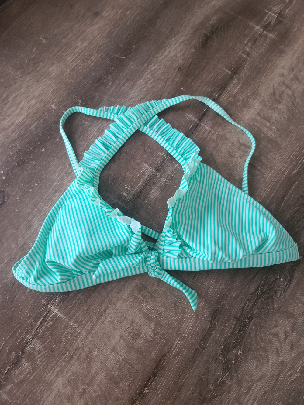 Xhilaration Teal and White Striped Ruffle Bikini Top